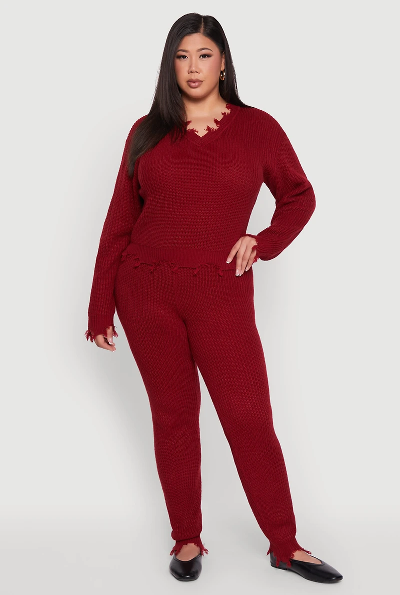 Womens Plus Size Crochet V-Neck Frayed Sweater, Burgundy, Size 1X
