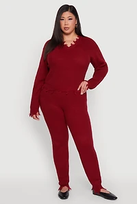 Womens Plus Size Crochet V-Neck Frayed Sweater, Burgundy, Size 1X