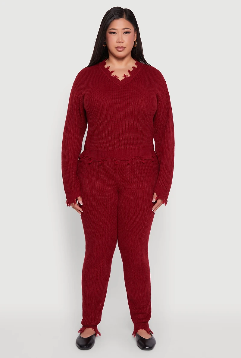 Womens Plus Size Crochet V-Neck Frayed Sweater, Burgundy, Size 1X
