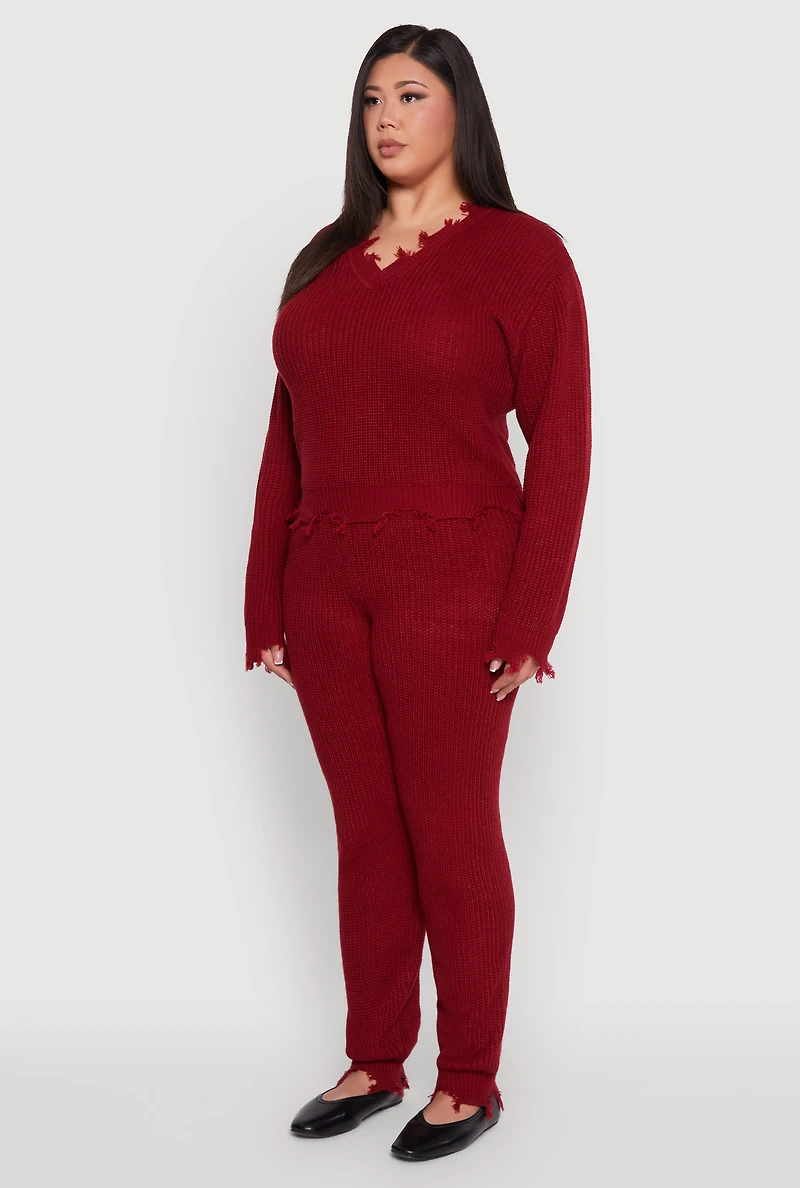 Womens Plus Crochet V-Neck Frayed Sweater,