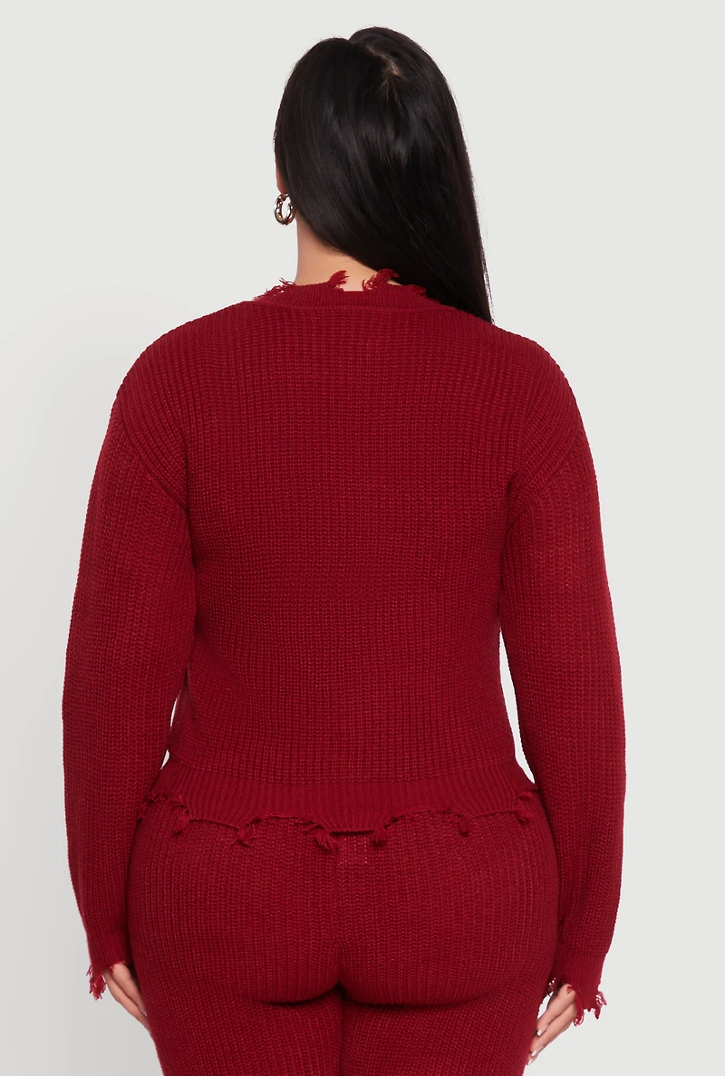 Womens Plus Size Crochet V-Neck Frayed Sweater, Burgundy, Size 1X