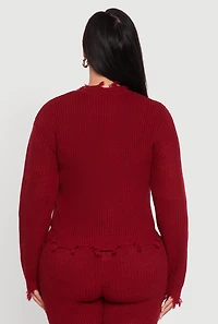 Womens Plus Size Crochet V-Neck Frayed Sweater, Burgundy, Size 1X