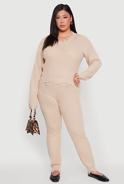 Womens Plus Size Frayed High Waisted Crochet Pants, Khaki, Size 3X
