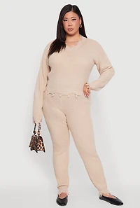 Womens Plus Size Frayed High Waisted Crochet Pants, Khaki, Size 3X