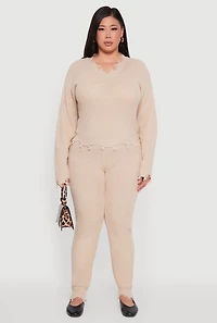 Womens Plus Size Frayed High Waisted Crochet Pants, Khaki, Size 3X