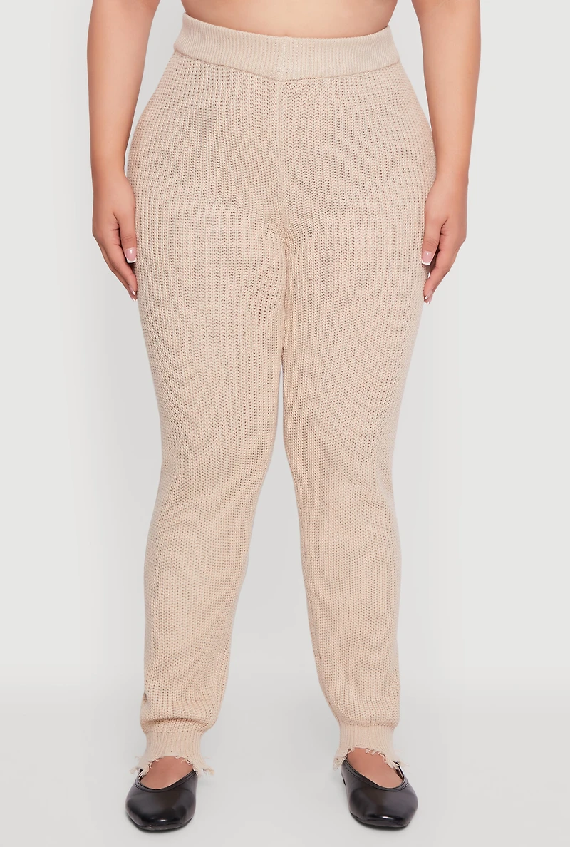 Womens Plus Size Frayed High Waisted Crochet Pants, Khaki, Size 2X