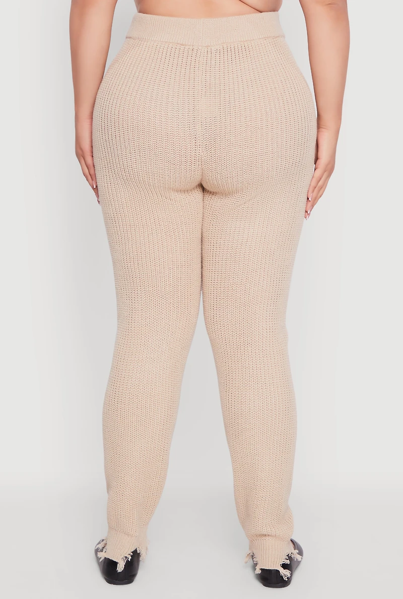 Womens Plus Size Frayed High Waisted Crochet Pants, Khaki, Size 2X