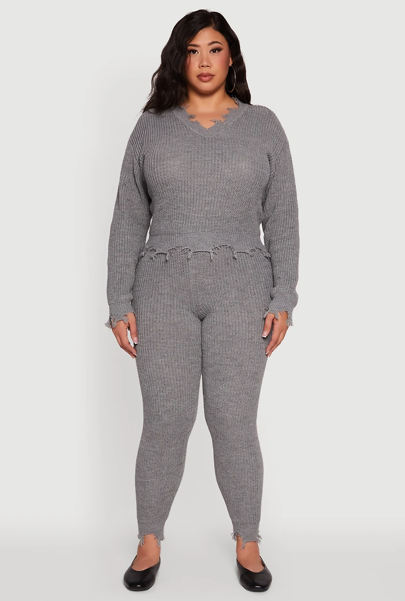 Womens Plus Frayed High Waisted Crochet Pants, Grey,