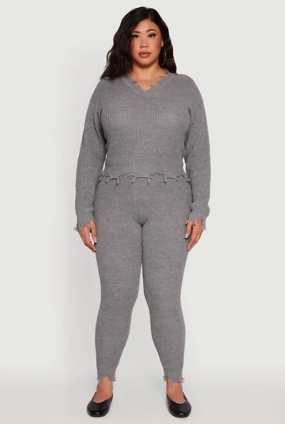 Womens Plus Frayed High Waisted Crochet Pants, Grey,
