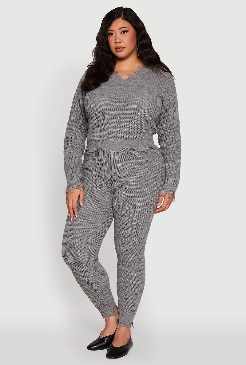 Womens Plus Frayed High Waisted Crochet Pants, Grey,