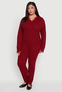 Womens Plus Size Frayed High Waisted Crochet Pants, Burgundy, Size 3X