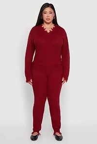 Womens Plus Size Frayed High Waisted Crochet Pants, Burgundy, Size 3X