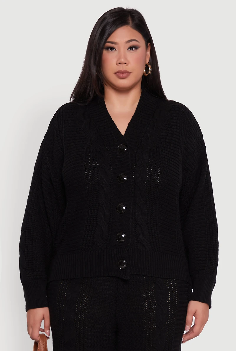 Womens Plus Cable Knit Long Sleeve Button Front Cardigan,