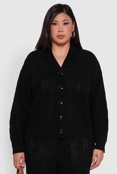 Womens Plus Cable Knit Long Sleeve Button Front Cardigan,