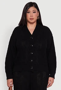 Womens Plus Cable Knit Long Sleeve Button Front Cardigan,