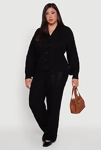 Womens Plus Cable Knit Long Sleeve Button Front Cardigan,