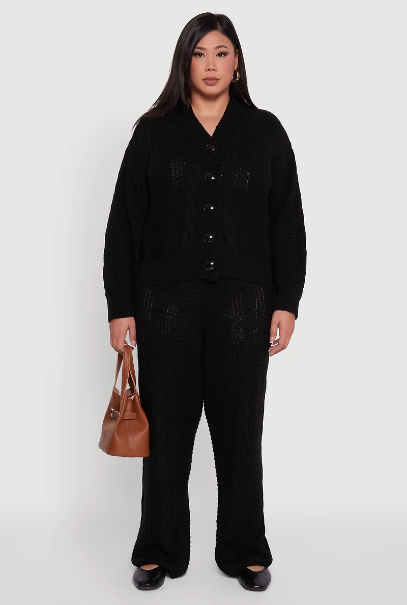 Womens Plus Cable Knit Long Sleeve Button Front Cardigan,