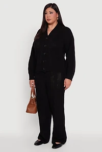 Womens Plus Cable Knit Long Sleeve Button Front Cardigan,