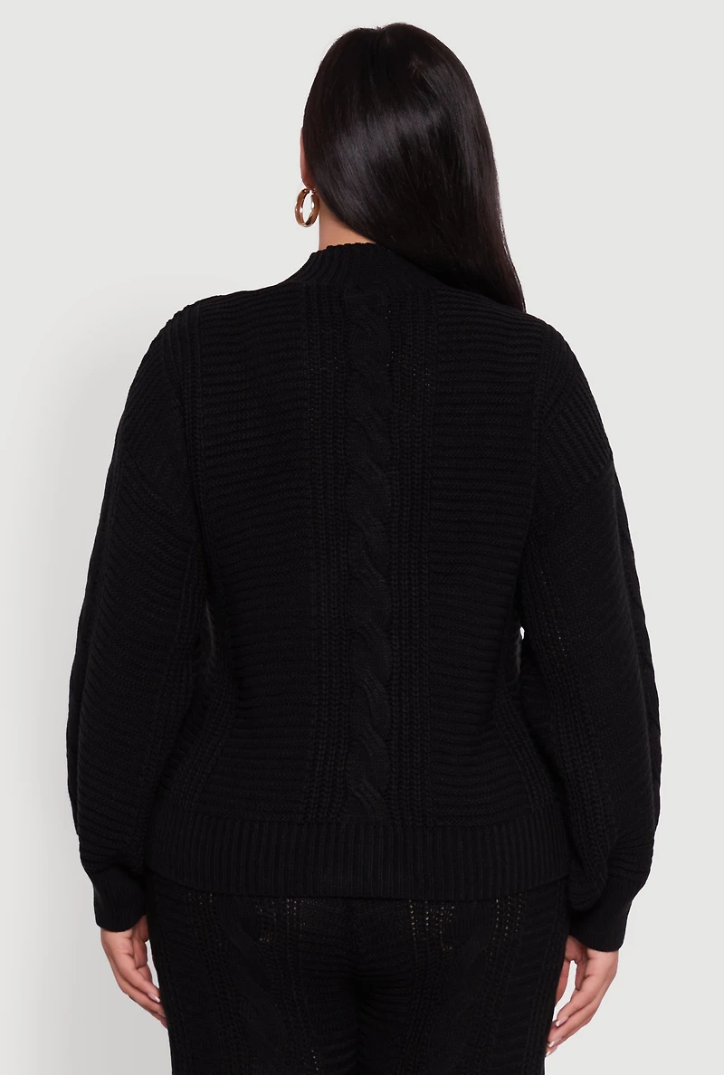 Womens Plus Cable Knit Long Sleeve Button Front Cardigan,