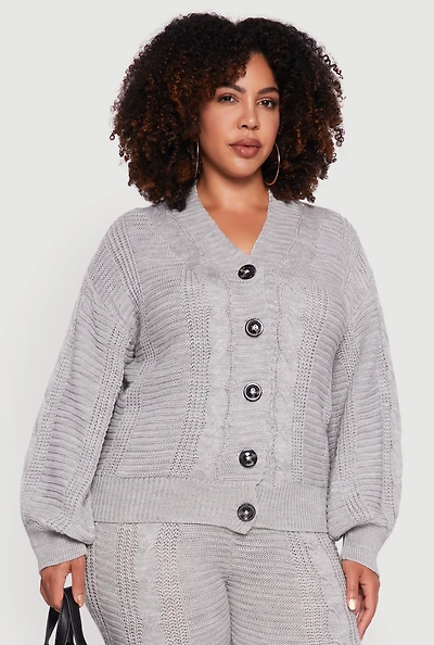 Womens Plus Size Cable Knit Long Sleeve Button Front Cardigan, Grey, Size 2X