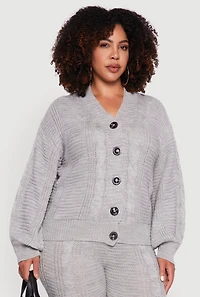 Womens Plus Size Cable Knit Long Sleeve Button Front Cardigan, Grey, Size 2X