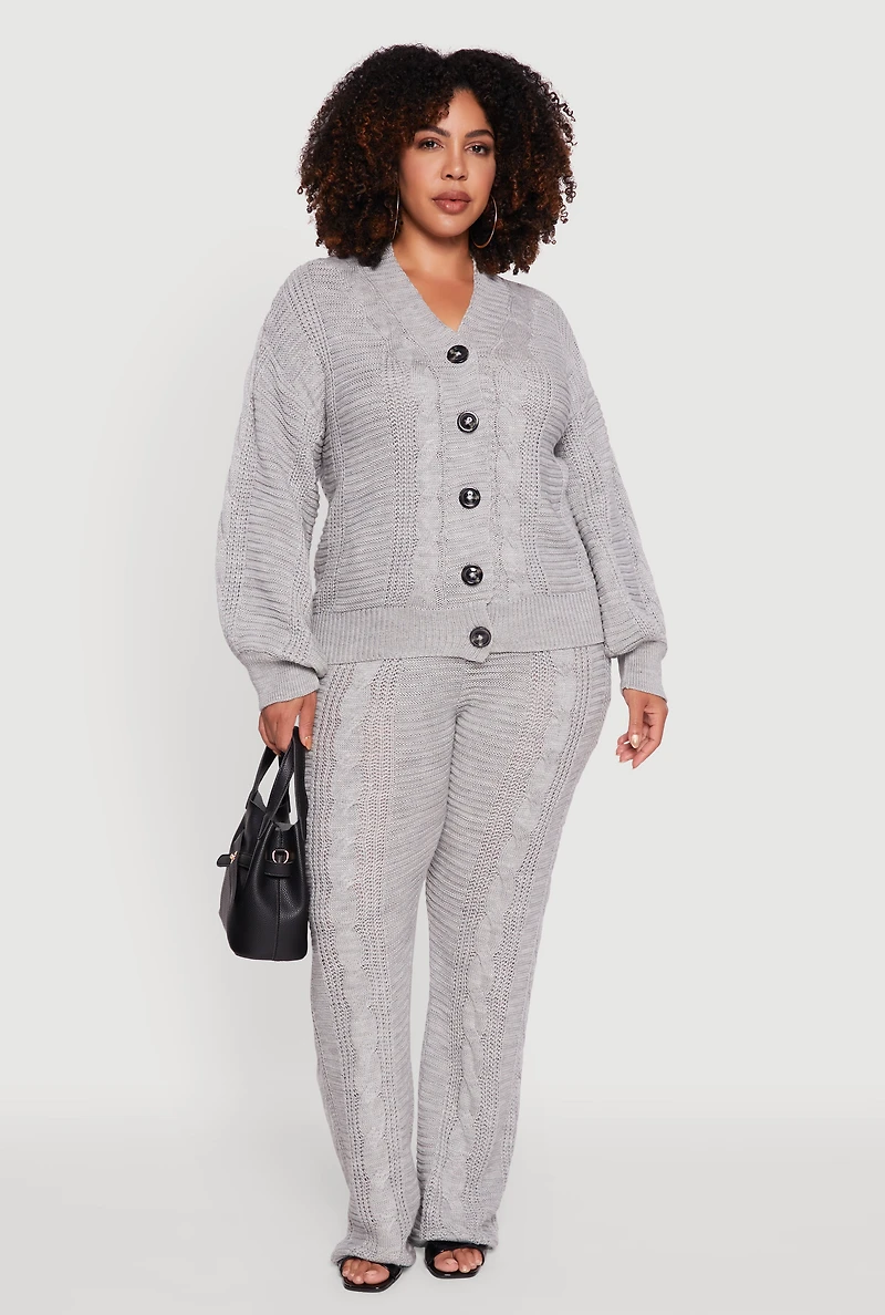 Womens Plus Size Cable Knit Long Sleeve Button Front Cardigan, Grey, Size 2X