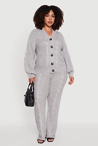 Womens Plus Size Cable Knit Long Sleeve Button Front Cardigan, Grey, Size 2X