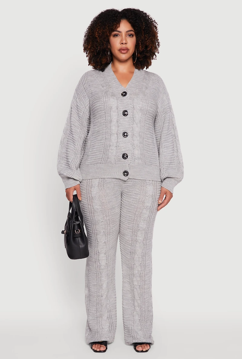 Womens Plus Size Cable Knit Long Sleeve Button Front Cardigan, Grey, Size 2X