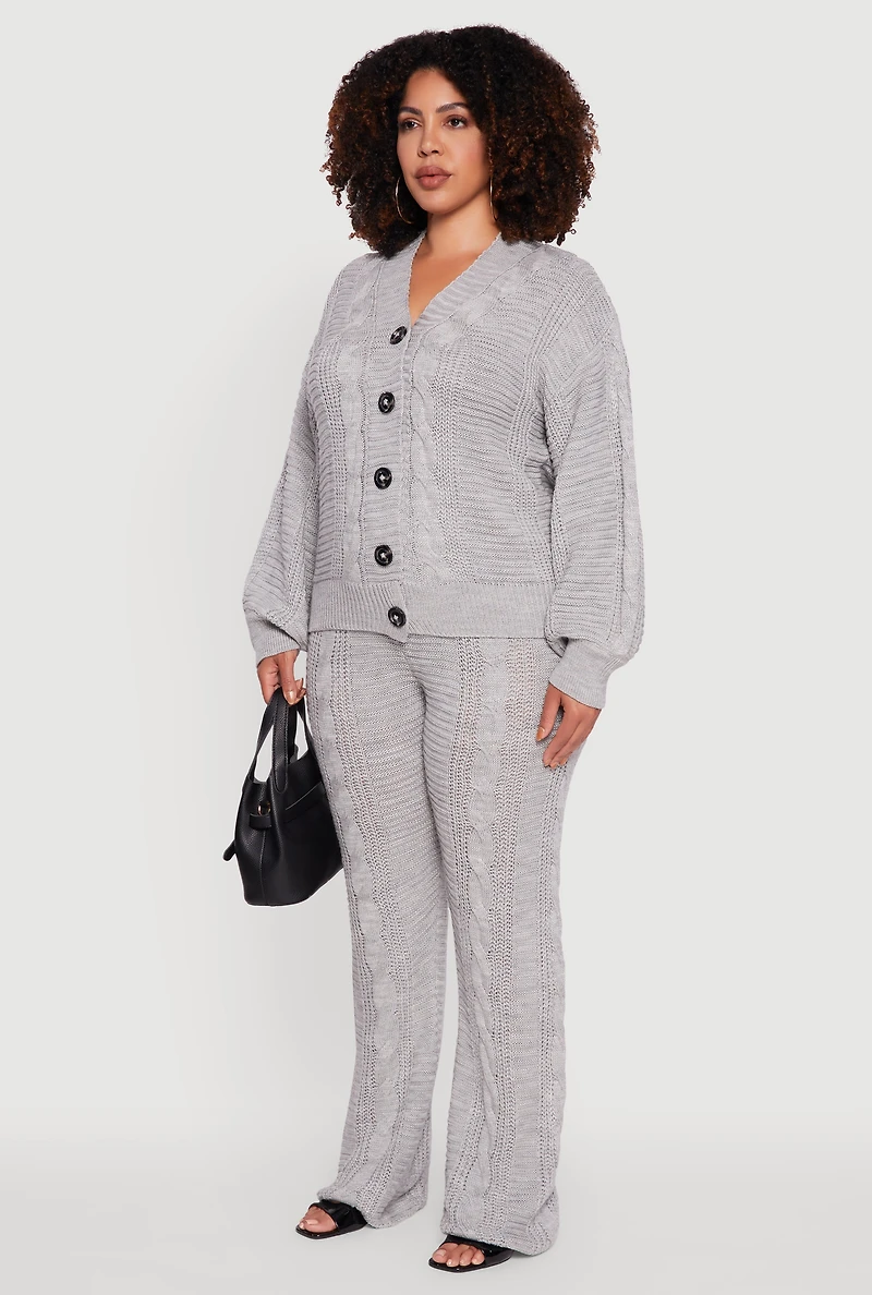 Womens Plus Size Cable Knit Long Sleeve Button Front Cardigan, Grey, Size 2X