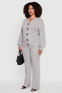 Womens Plus Size Cable Knit Long Sleeve Button Front Cardigan, Grey, Size 2X