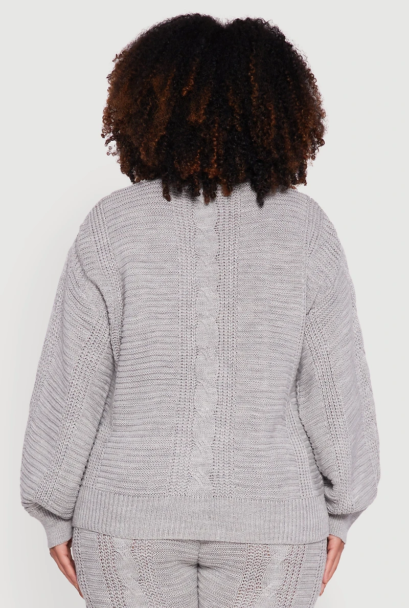 Womens Plus Size Cable Knit Long Sleeve Button Front Cardigan, Grey, Size 2X