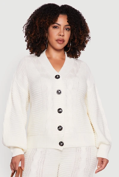 Womens Plus Size Cable Knit Long Sleeve Button Front Cardigan, White, Size 3X