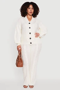 Womens Plus Size Cable Knit Long Sleeve Button Front Cardigan, White, Size 3X