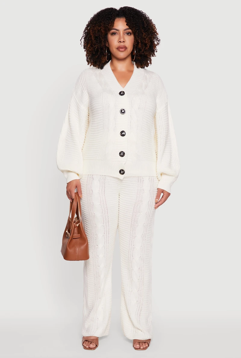 Womens Plus Size Cable Knit Long Sleeve Button Front Cardigan, White, Size 3X
