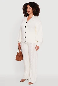 Womens Plus Size Cable Knit Long Sleeve Button Front Cardigan, White, Size 3X