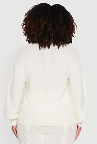 Womens Plus Size Cable Knit Long Sleeve Button Front Cardigan, White, Size 3X