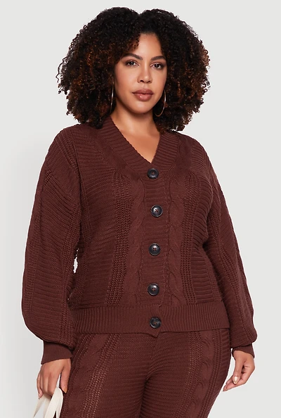 Womens Plus Cable Knit Long Sleeve Button Front Cardigan,