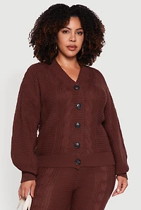 Womens Plus Size Cable Knit Long Sleeve Button Front Cardigan, Brown, Size 3X