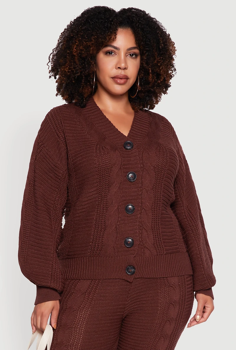 Plus Cable Knit Long Sleeve Button Front Cardigan