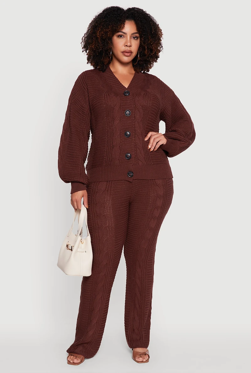 Womens Plus Cable Knit Long Sleeve Button Front Cardigan, 1X