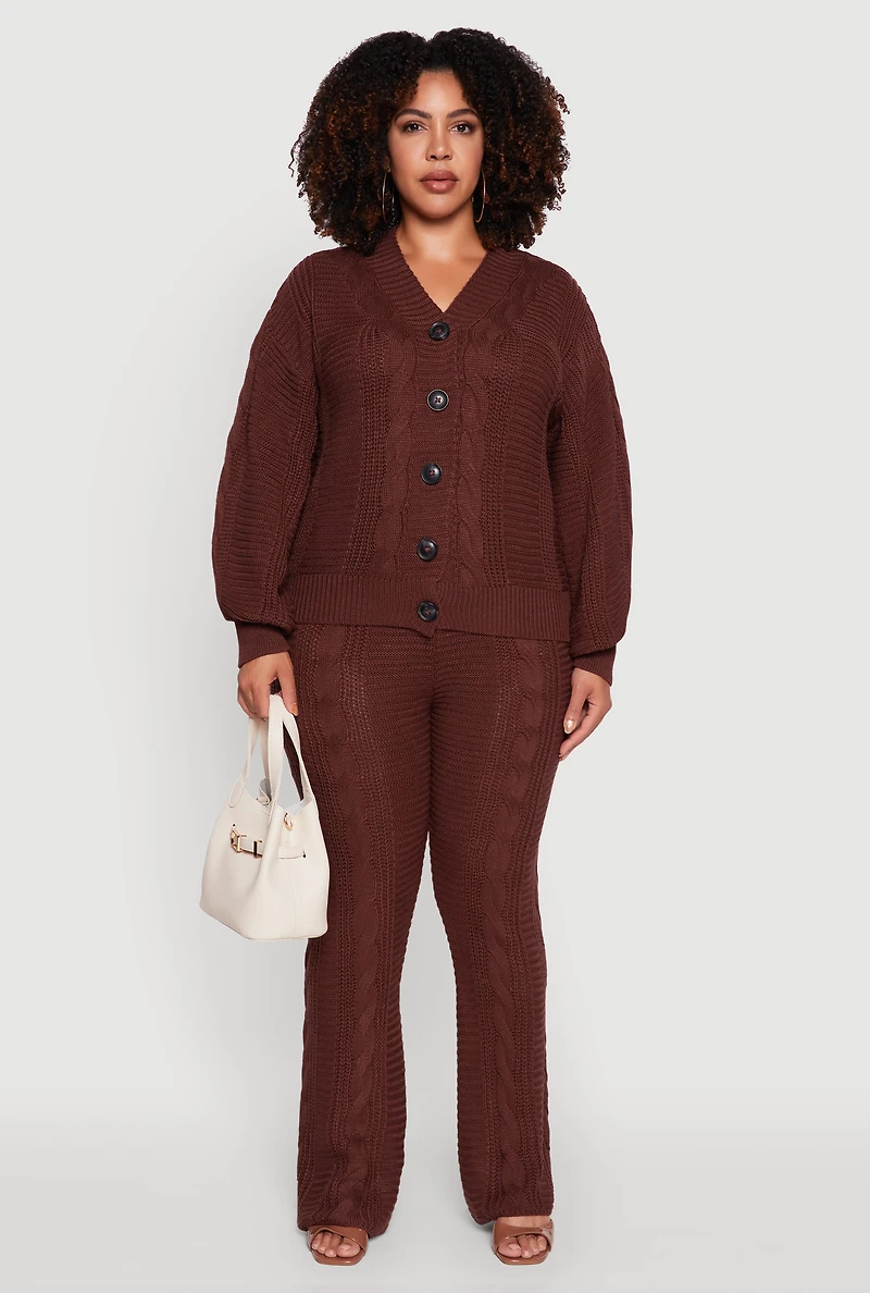 Womens Plus Cable Knit Long Sleeve Button Front Cardigan, 1X