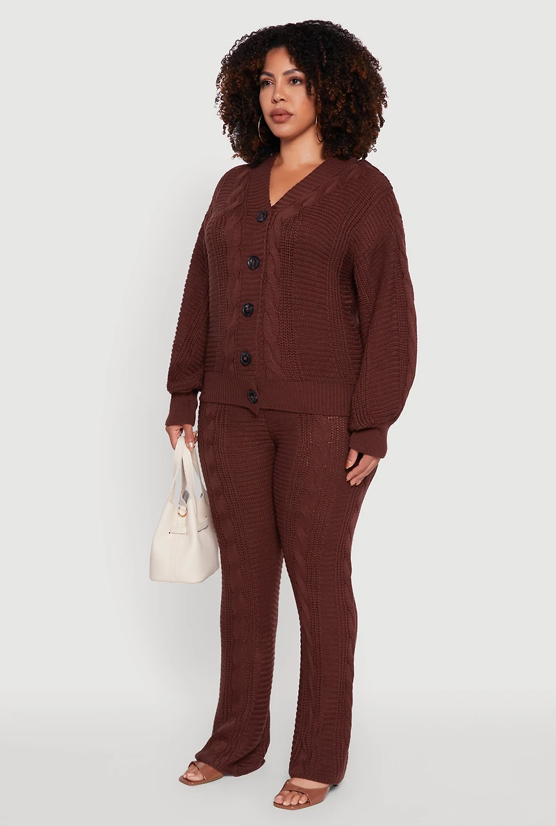 Womens Plus Cable Knit Long Sleeve Button Front Cardigan, 1X