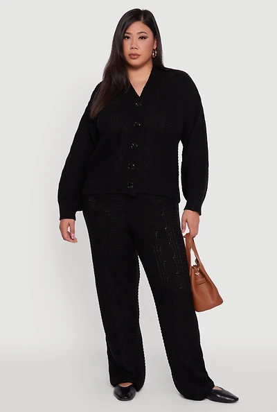 Womens Plus Size High Waisted Cable Knit Flared Leg Pants, Black, Size 1X