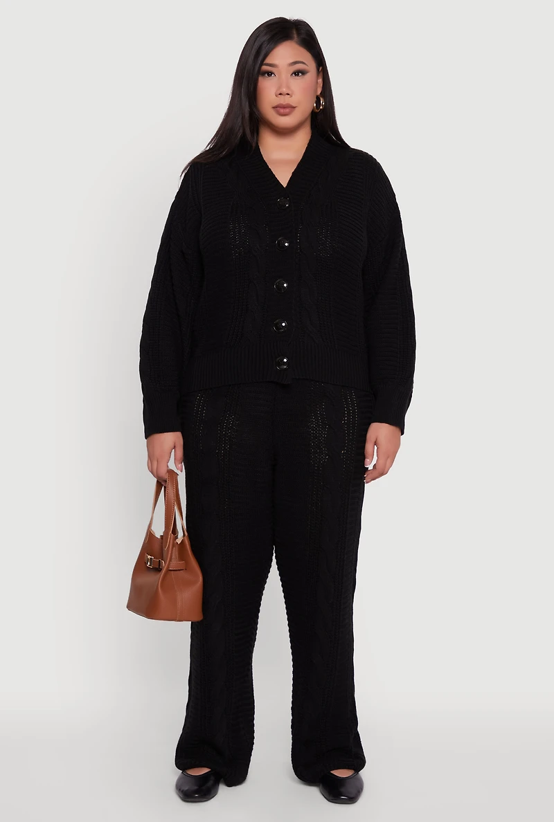 Womens Plus Size High Waisted Cable Knit Flared Leg Pants, Black, Size 1X