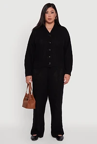 Womens Plus Size High Waisted Cable Knit Flared Leg Pants, Black, Size 1X