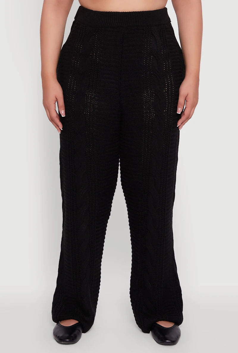 Womens Plus Size High Waisted Cable Knit Flared Leg Pants, Black, Size 1X