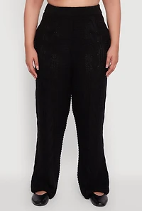 Womens Plus Size High Waisted Cable Knit Flared Leg Pants, Black, Size 1X