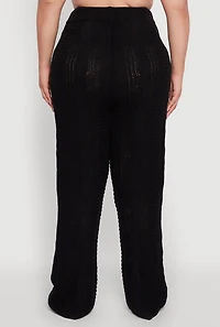 Womens Plus Size High Waisted Cable Knit Flared Leg Pants, Black, Size 1X