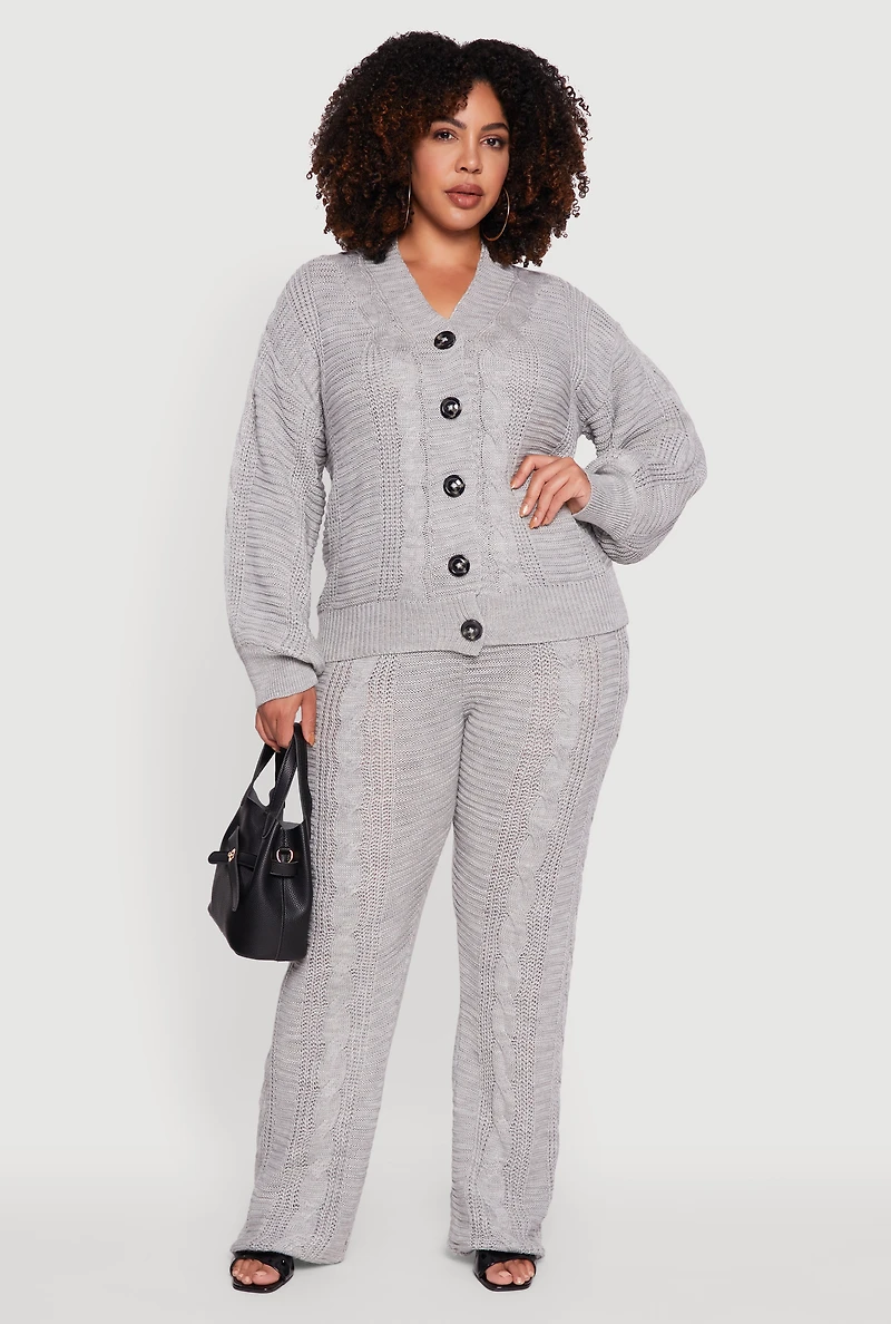 Womens Plus High Waisted Cable Knit Flared Leg Pants, Grey,