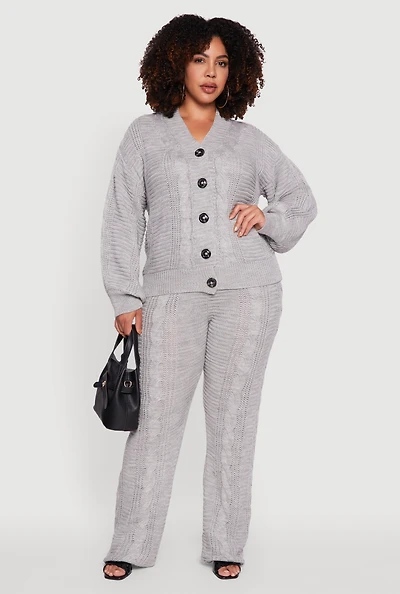 Womens Plus High Waisted Cable Knit Flared Leg Pants, Grey,